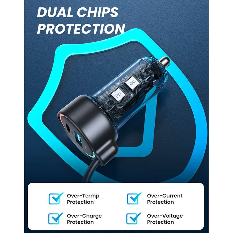 JOYROOM JR-CL07 3 in 1 55W PD USB-C / Type-C + USB Interface Car Charger with USB-C / Type-C Spring