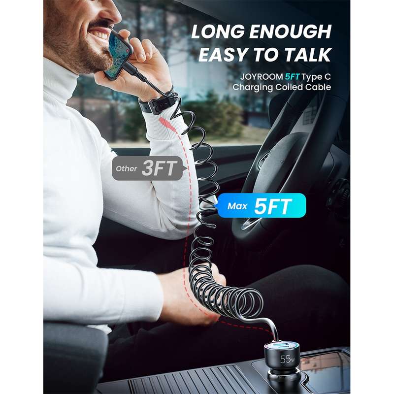 JOYROOM JR-CL07 3 in 1 55W PD USB-C / Type-C + USB Interface Car Charger with USB-C / Type-C Spring