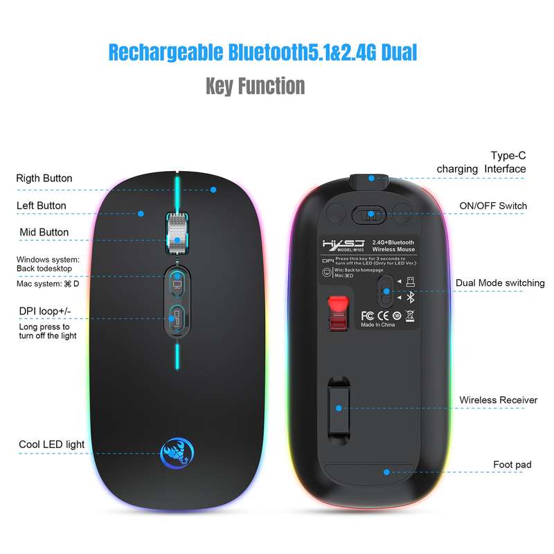HXSJ M103FG 1600dpi Adjustable 2.4G + Bluetooth RGB Light Wireless Mouse(Black)