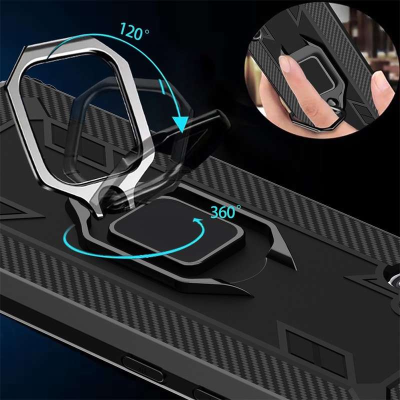 For Galaxy Note 10+ Carbon Fiber Protective Case with 360 Degree Rotating Ring Holder(Black)