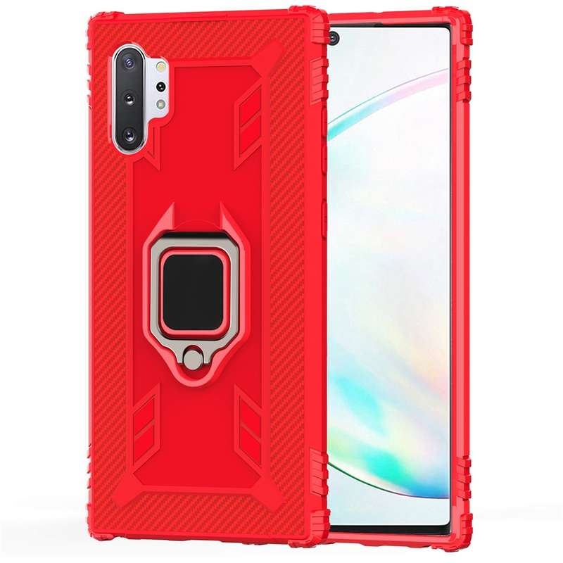 For Galaxy Note 10+ Carbon Fiber Protective Case with 360 Degree Rotating Ring Holder(Black)