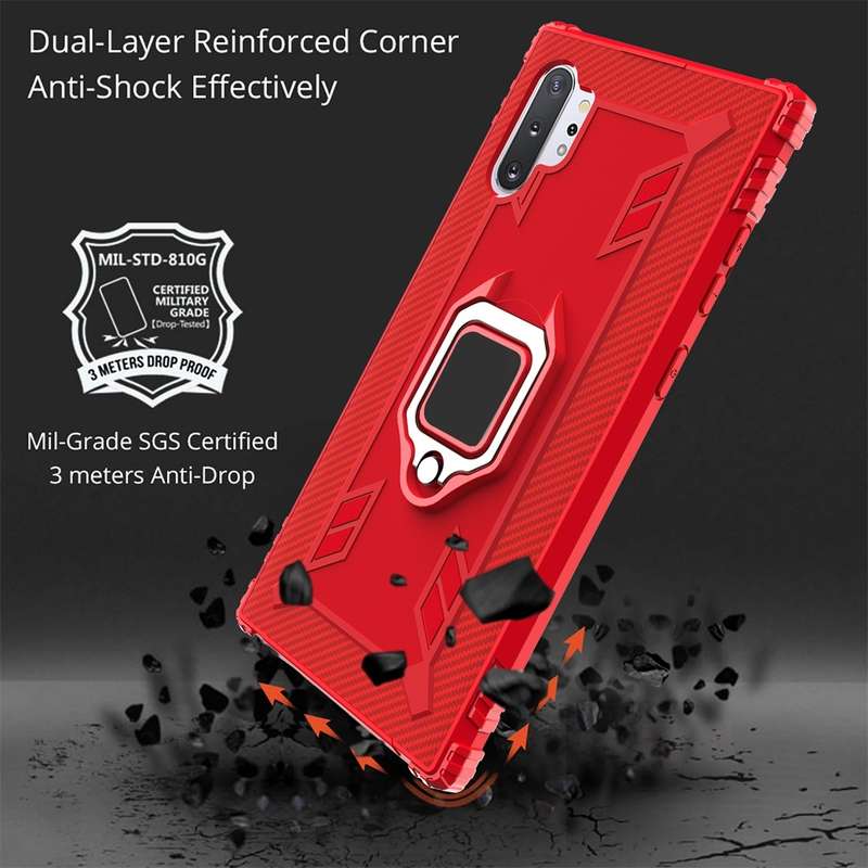 For Galaxy Note 10+ Carbon Fiber Protective Case with 360 Degree Rotating Ring Holder(Black)