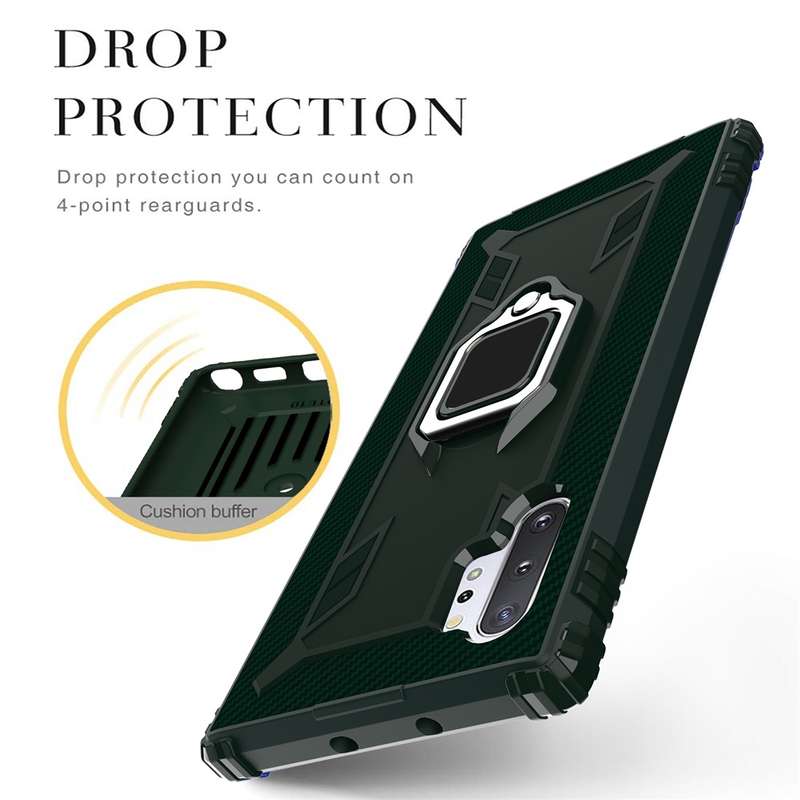 For Galaxy Note 10+ Carbon Fiber Protective Case with 360 Degree Rotating Ring Holder(Black)