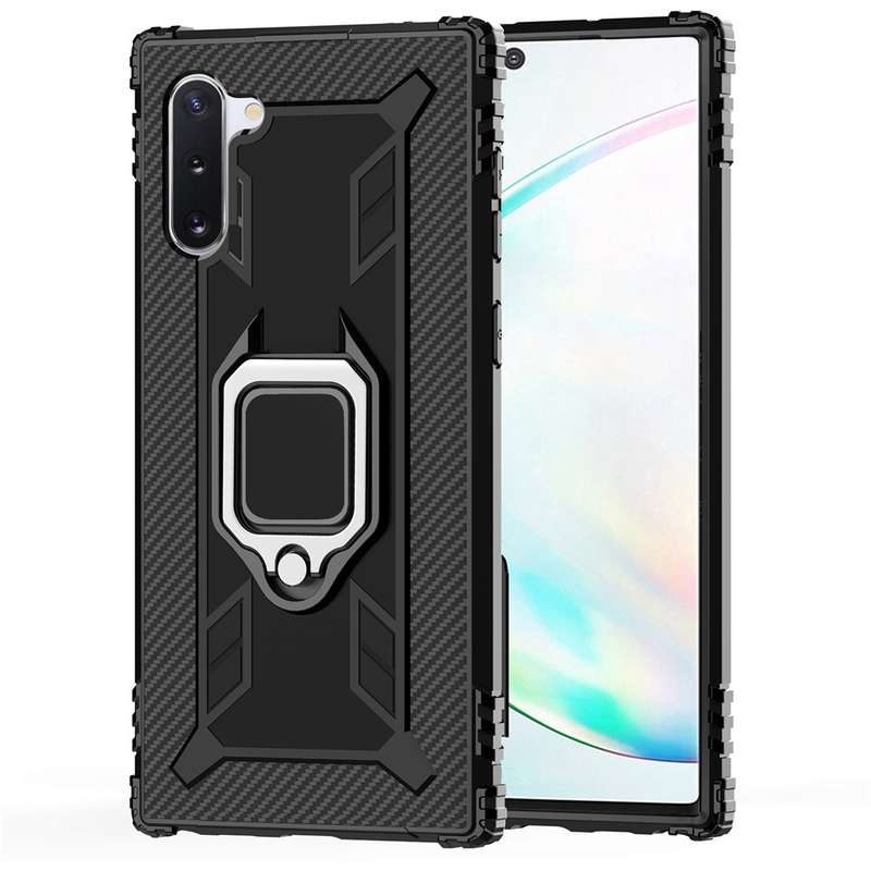 For Galaxy Note 10 Carbon Fiber Protective Case with 360 Degree Rotating Ring Holder(Black)