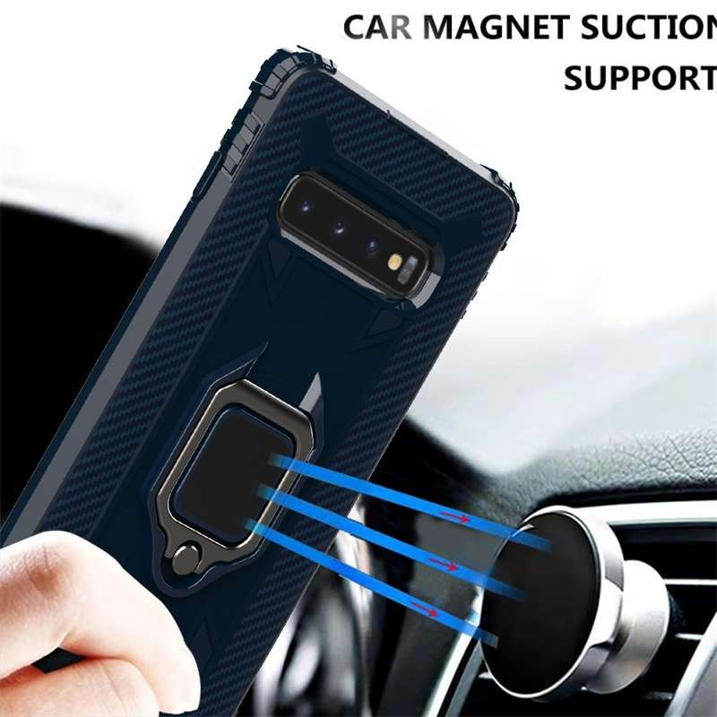 For Galaxy S10 Carbon Fiber Protective Case with 360 Degree Rotating Ring Holder(Black)