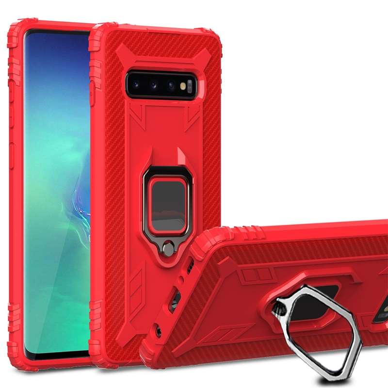 For Galaxy S10 Carbon Fiber Protective Case with 360 Degree Rotating Ring Holder(Black)