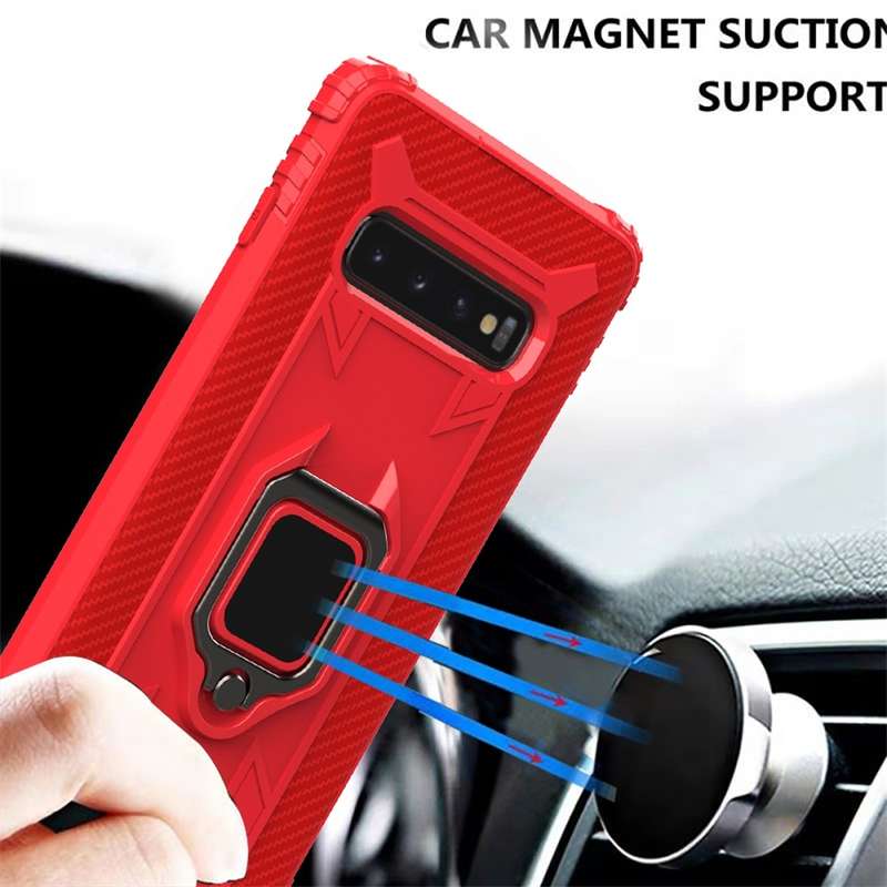 For Galaxy S10 Carbon Fiber Protective Case with 360 Degree Rotating Ring Holder(Black)