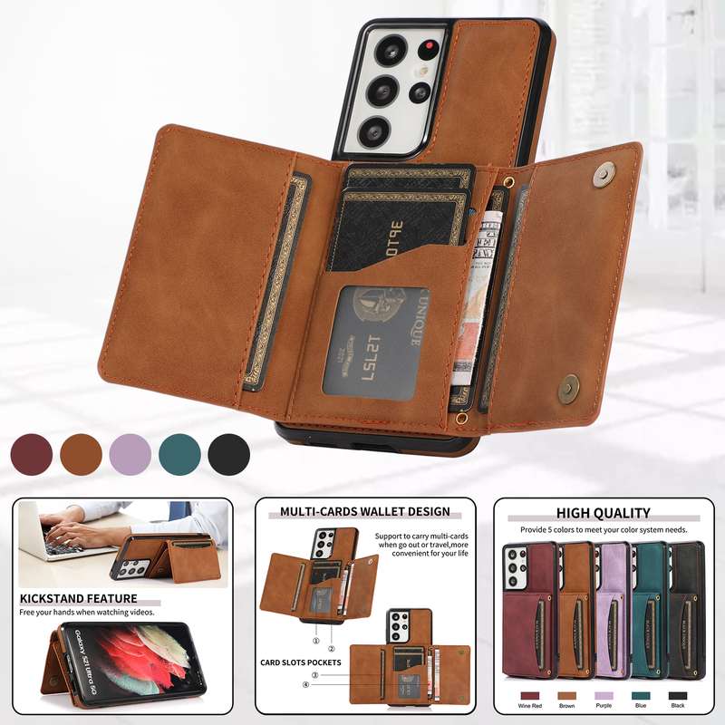 For Samsung Galaxy S21 Ultra Three-fold Leather Phone Case with Card Slot & Wallet & Holder(Green)