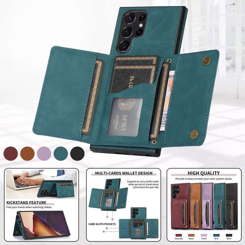 For Samsung Galaxy S21 Ultra Three-fold Leather Phone Case with Card Slot & Wallet & Holder(Green)