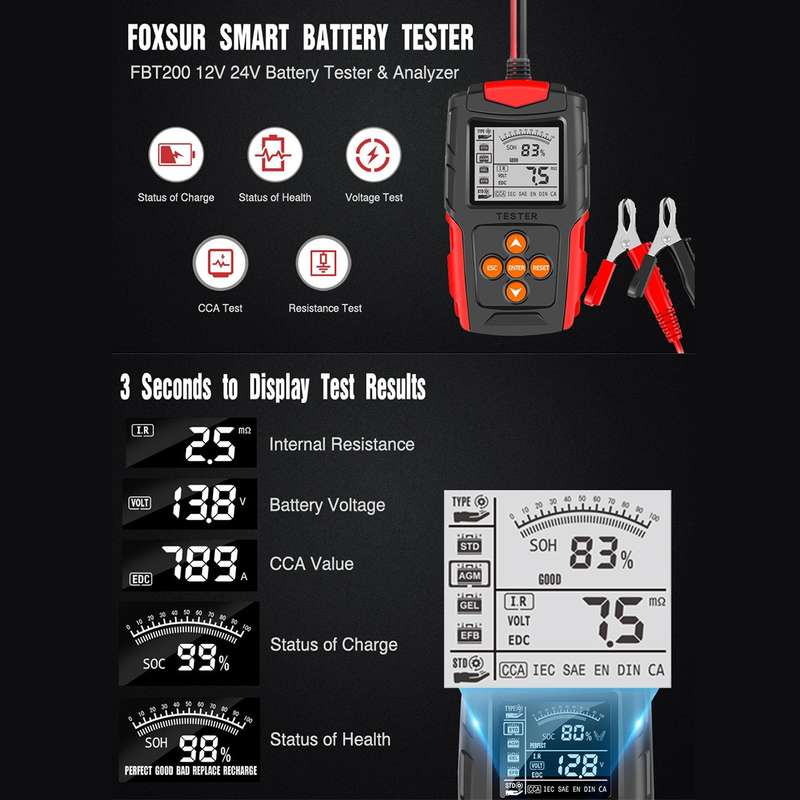 FOXSUR FBT200 12V / 24V Car Battery Tester (Red)