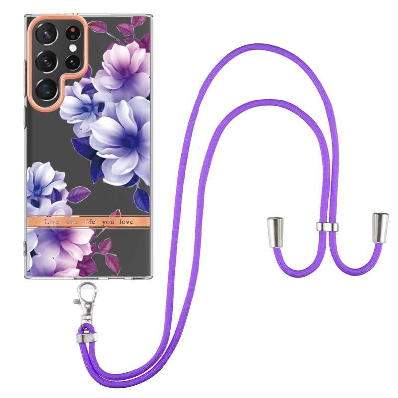 For Samsung Galaxy S22 Ultra 5G Flowers Series TPU Phone Case with Lanyard(Green Gardenia)