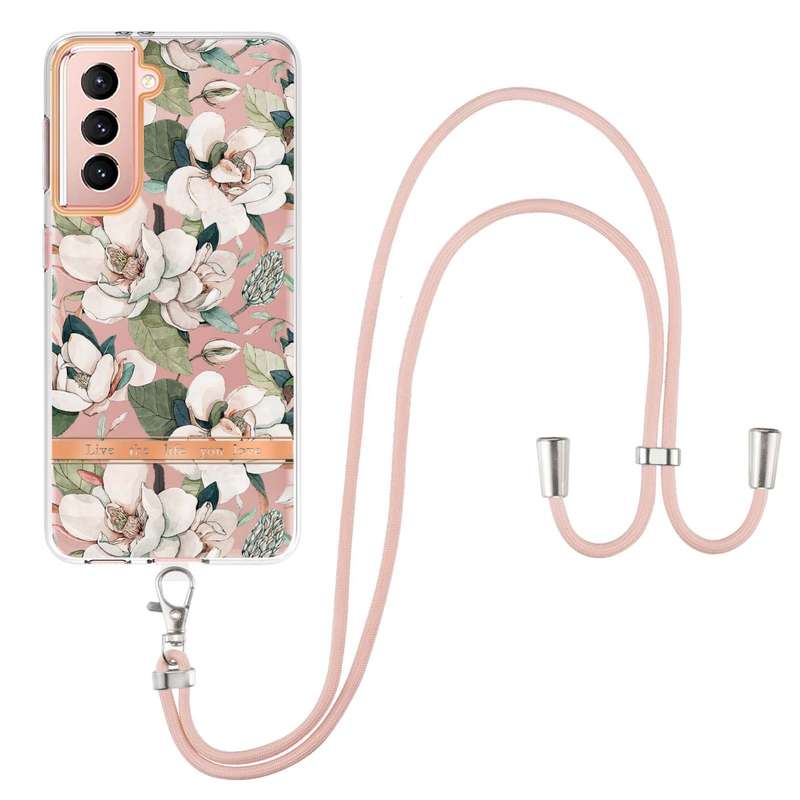 For Samsung Galaxy S21 5G Flowers Series TPU Phone Case with Lanyard(Green Gardenia)