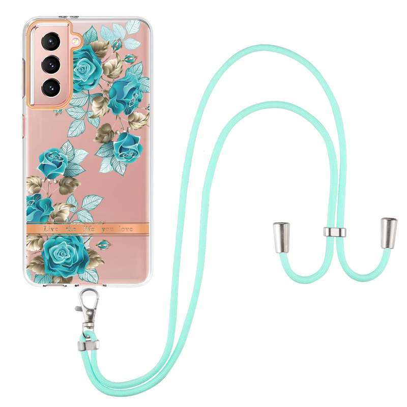 For Samsung Galaxy S21 5G Flowers Series TPU Phone Case with Lanyard(Green Gardenia)