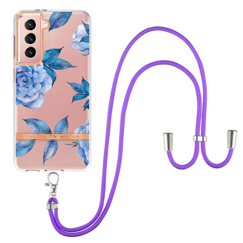 For Samsung Galaxy S21 5G Flowers Series TPU Phone Case with Lanyard(Green Gardenia)