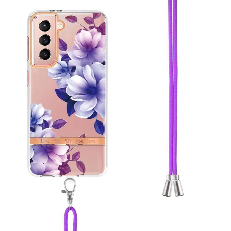 For Samsung Galaxy S21 5G Flowers Series TPU Phone Case with Lanyard(Green Gardenia)