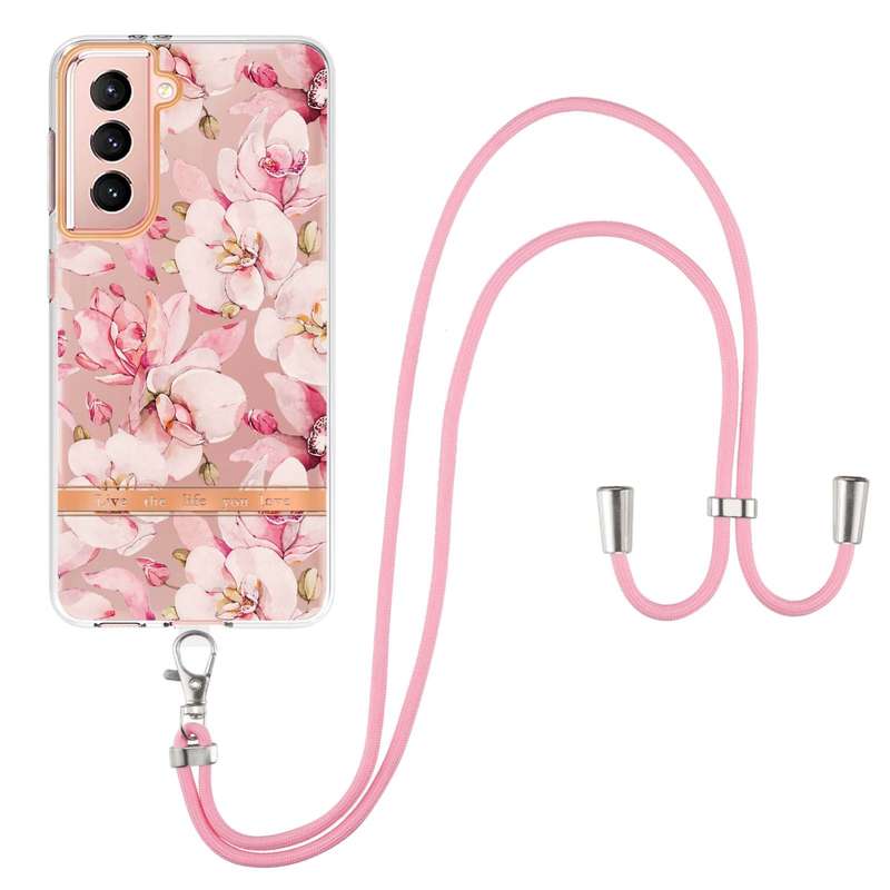 For Samsung Galaxy S21 FE 5G Flowers Series TPU Phone Case with Lanyard(Green Gardenia)