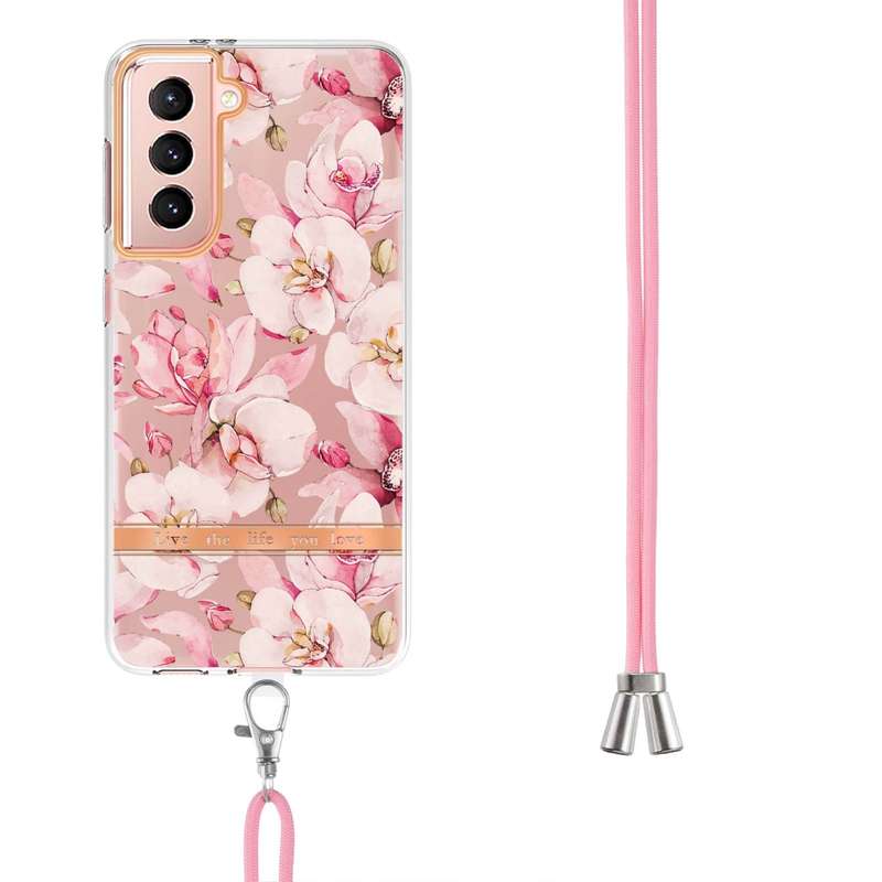 For Samsung Galaxy S21 FE 5G Flowers Series TPU Phone Case with Lanyard(Green Gardenia)