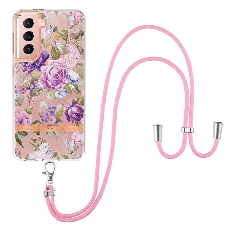 For Samsung Galaxy S21 5G Flowers Series TPU Phone Case with Lanyard(Green Gardenia)