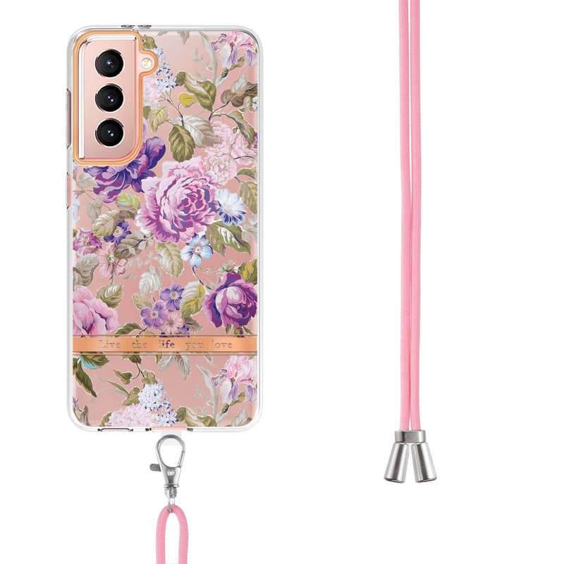 For Samsung Galaxy S21 5G Flowers Series TPU Phone Case with Lanyard(Green Gardenia)