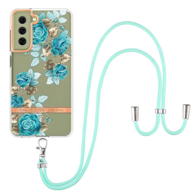 For Samsung Galaxy S21 FE 5G Flowers Series TPU Phone Case with Lanyard(Green Gardenia)