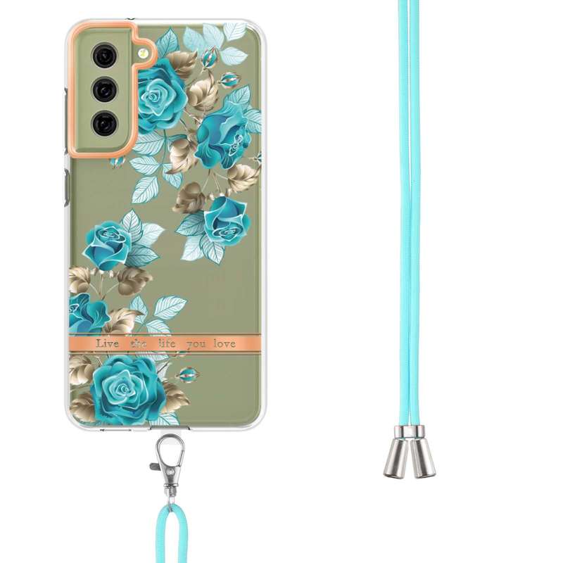For Samsung Galaxy S21 FE 5G Flowers Series TPU Phone Case with Lanyard(Green Gardenia)