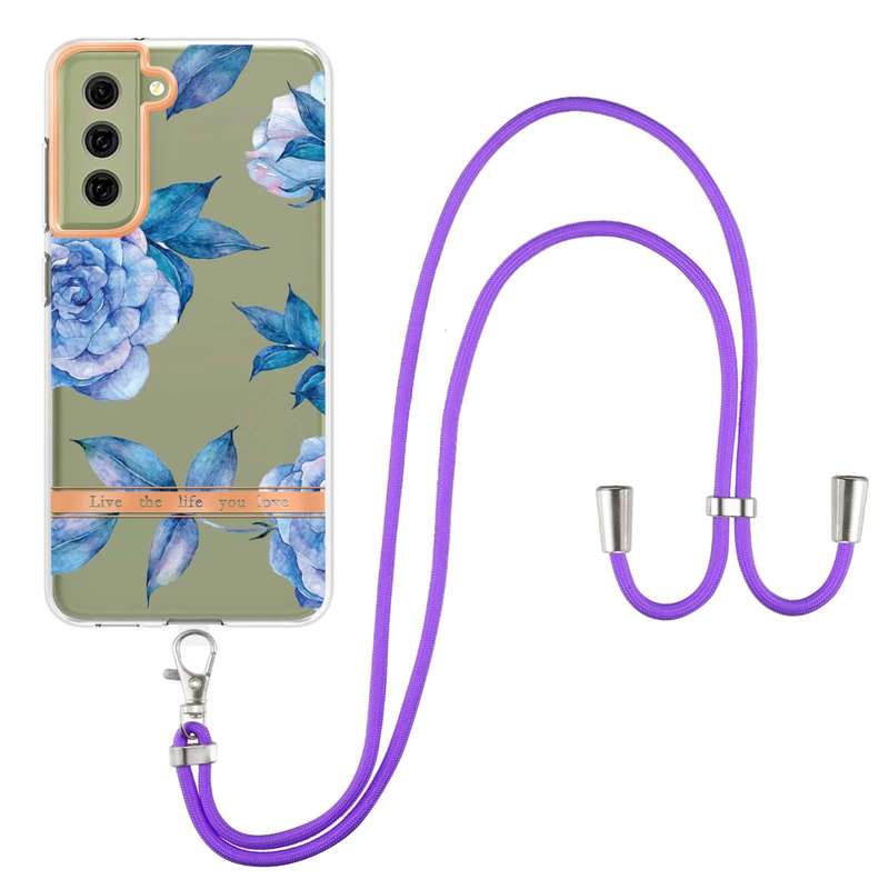 For Samsung Galaxy S21 FE 5G Flowers Series TPU Phone Case with Lanyard(Green Gardenia)
