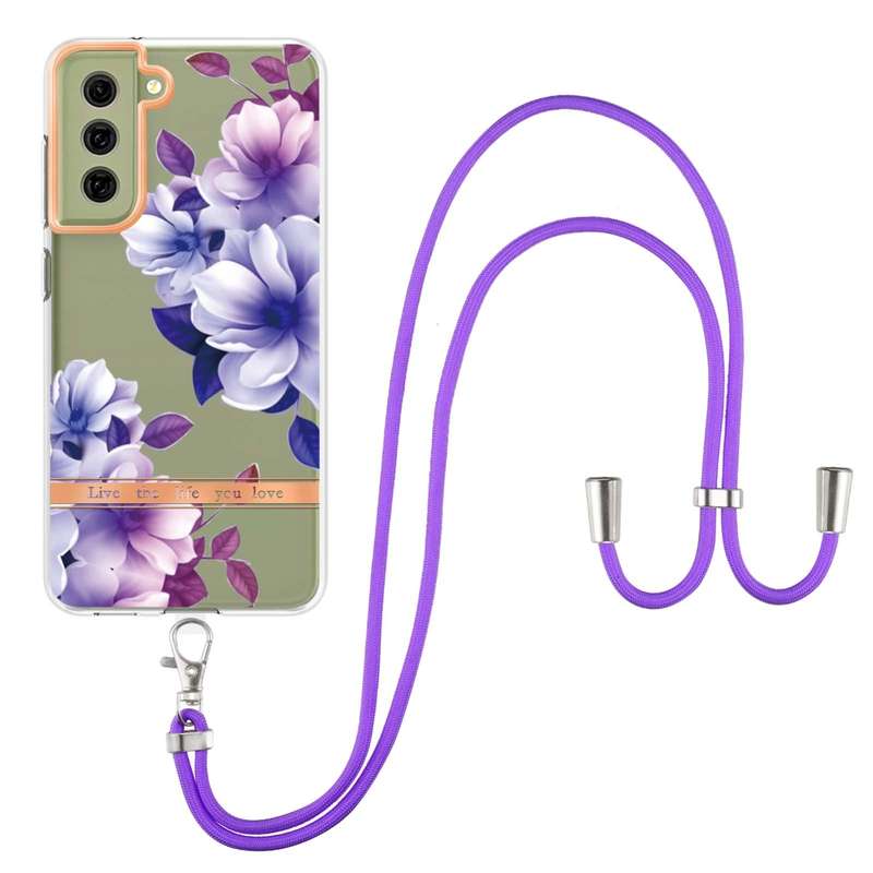 For Samsung Galaxy S21 FE 5G Flowers Series TPU Phone Case with Lanyard(Green Gardenia)
