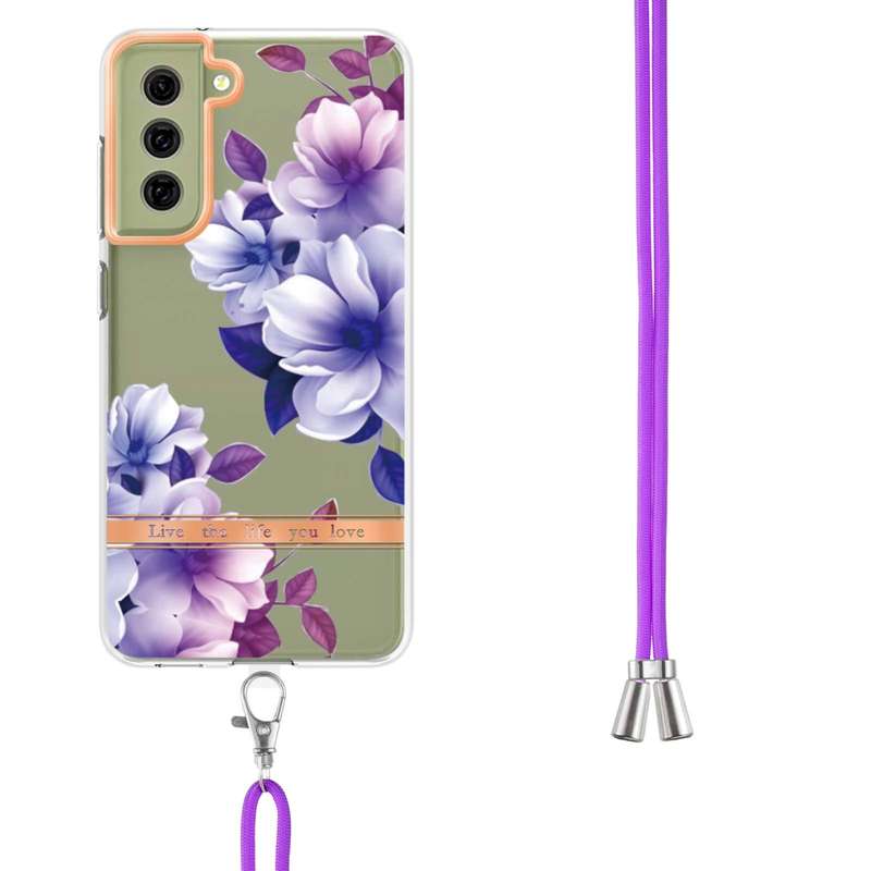 For Samsung Galaxy S21 FE 5G Flowers Series TPU Phone Case with Lanyard(Green Gardenia)