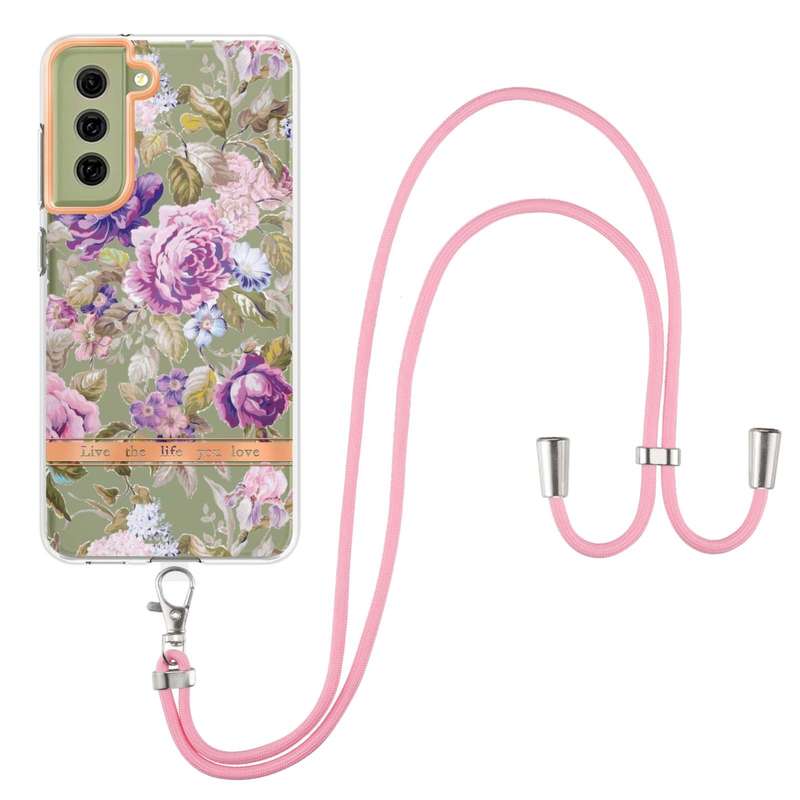 For Samsung Galaxy S21 FE 5G Flowers Series TPU Phone Case with Lanyard(Green Gardenia)
