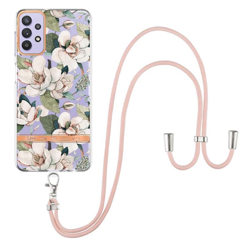 For Samsung Galaxy A32 5G Flowers Series TPU Phone Case with Lanyard(Green Gardenia)