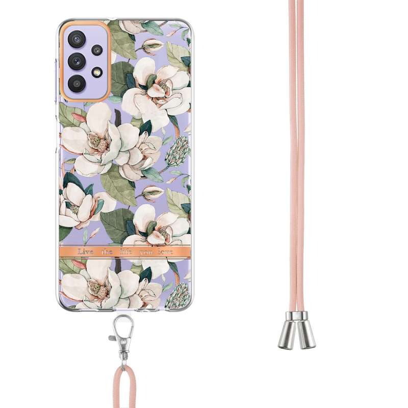 For Samsung Galaxy A32 5G Flowers Series TPU Phone Case with Lanyard(Green Gardenia)