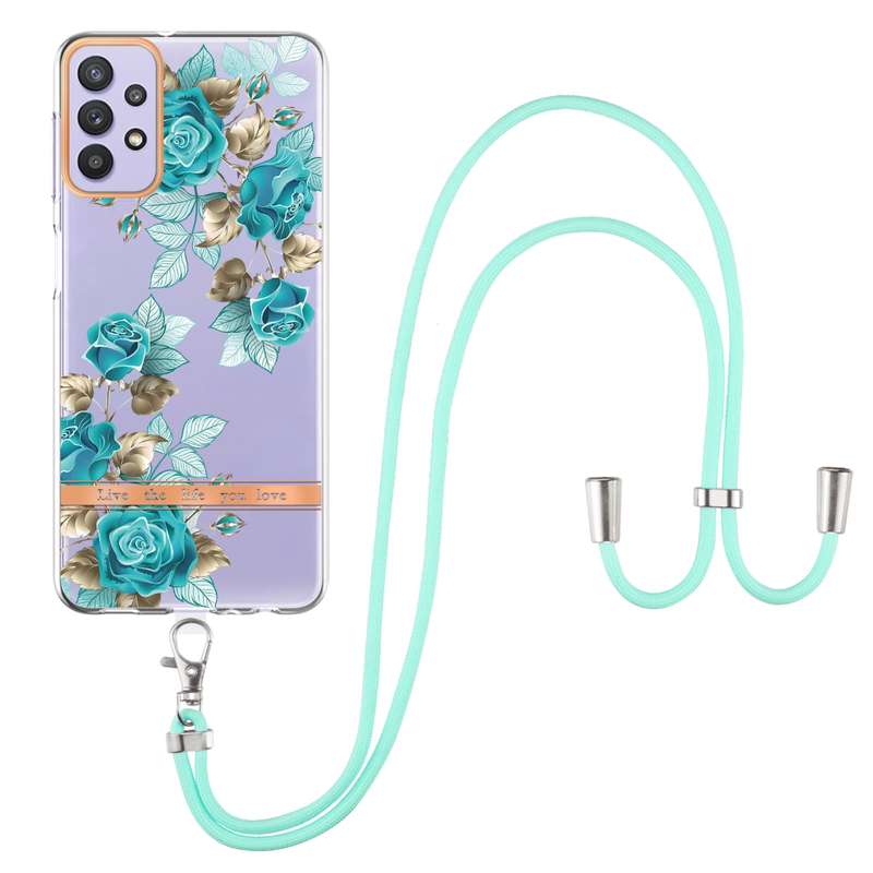 For Samsung Galaxy A32 5G Flowers Series TPU Phone Case with Lanyard(Green Gardenia)