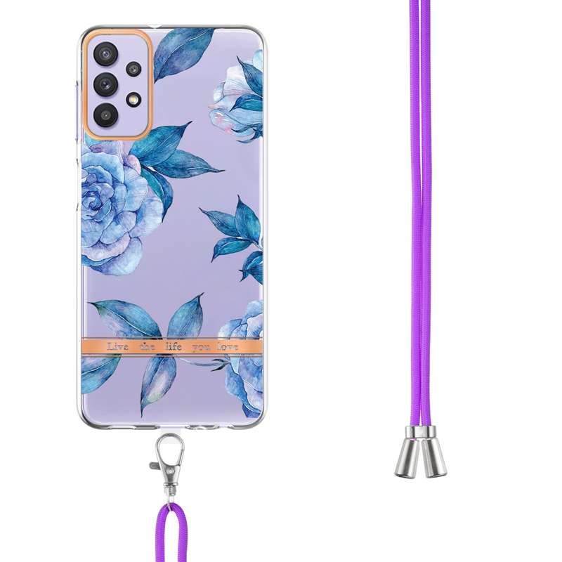For Samsung Galaxy A32 5G Flowers Series TPU Phone Case with Lanyard(Green Gardenia)