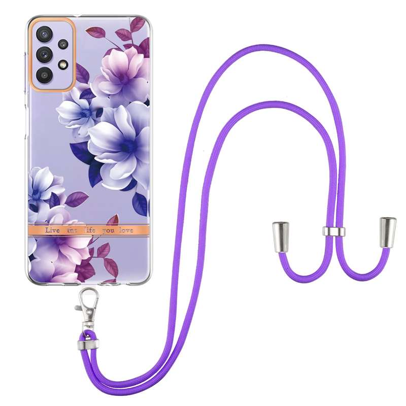 For Samsung Galaxy A32 5G Flowers Series TPU Phone Case with Lanyard(Green Gardenia)