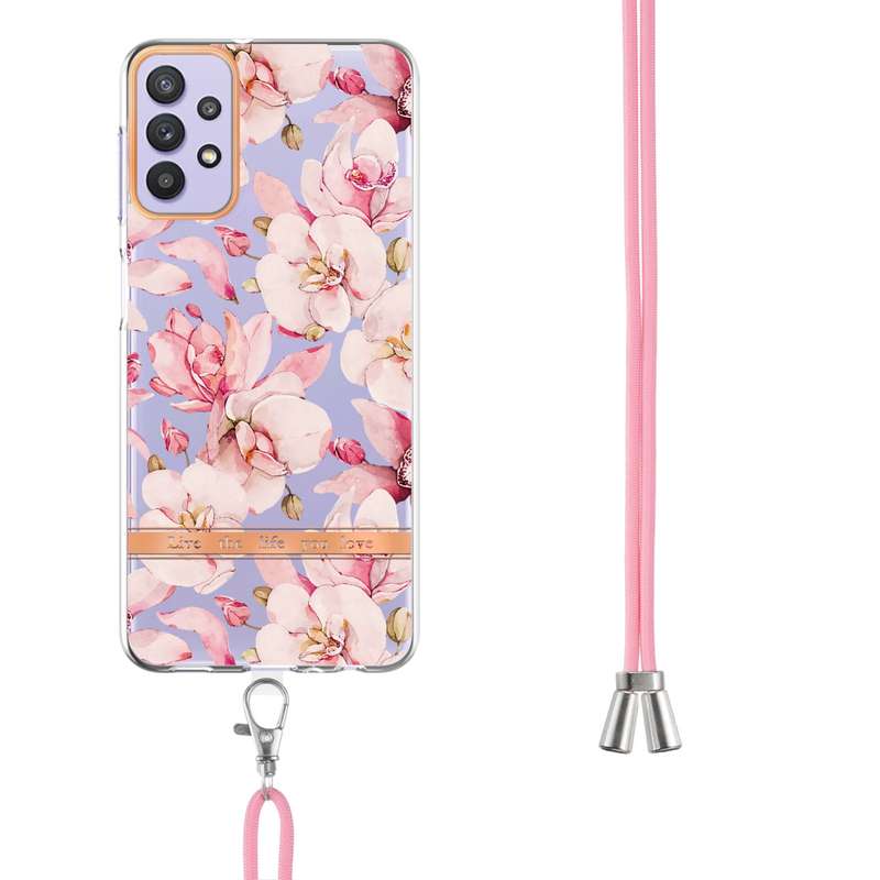 For Samsung Galaxy A32 5G Flowers Series TPU Phone Case with Lanyard(Green Gardenia)