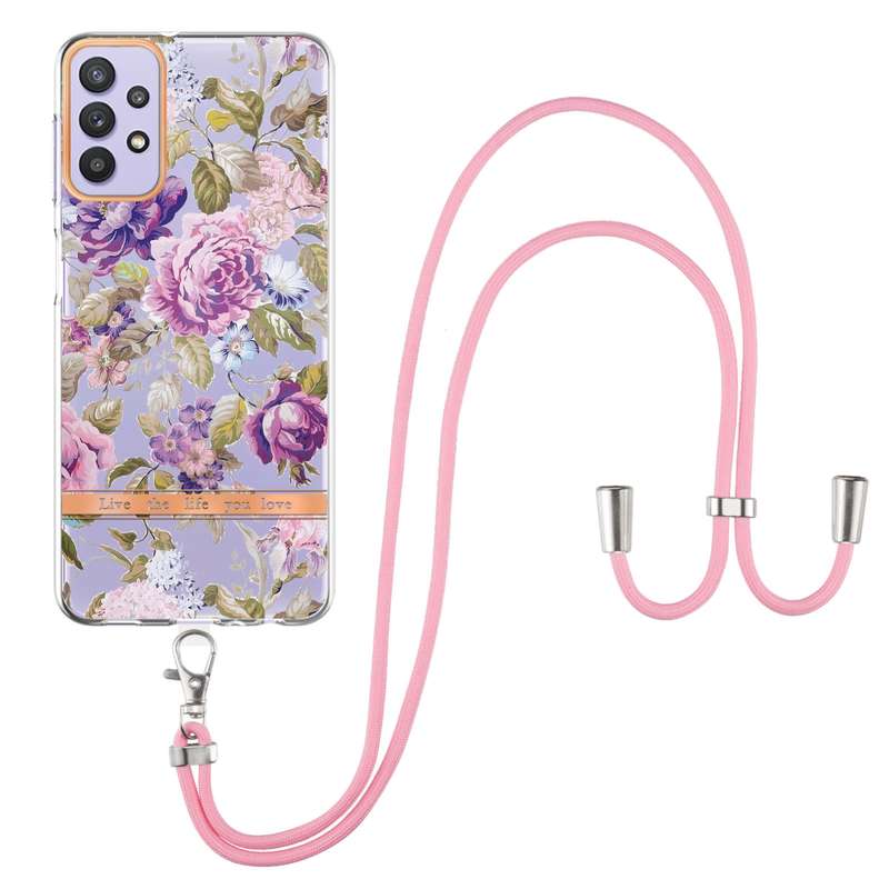 For Samsung Galaxy A32 5G Flowers Series TPU Phone Case with Lanyard(Green Gardenia)