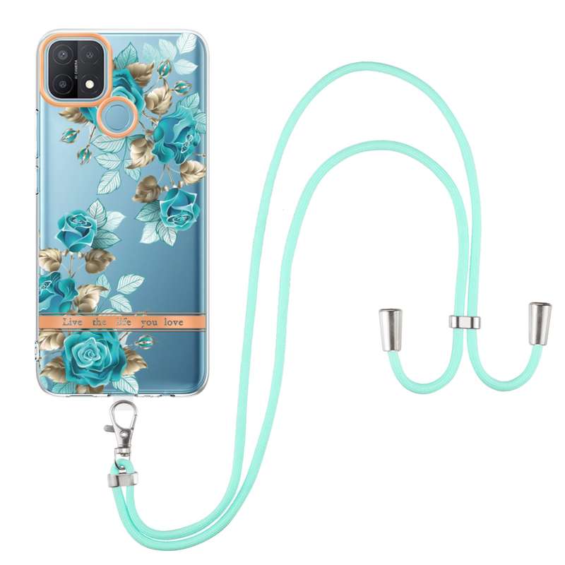 For OPPO A15 / A15S Flowers Series TPU Phone Case with Lanyard(Green Gardenia)