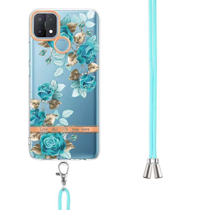 For OPPO A15 / A15S Flowers Series TPU Phone Case with Lanyard(Green Gardenia)