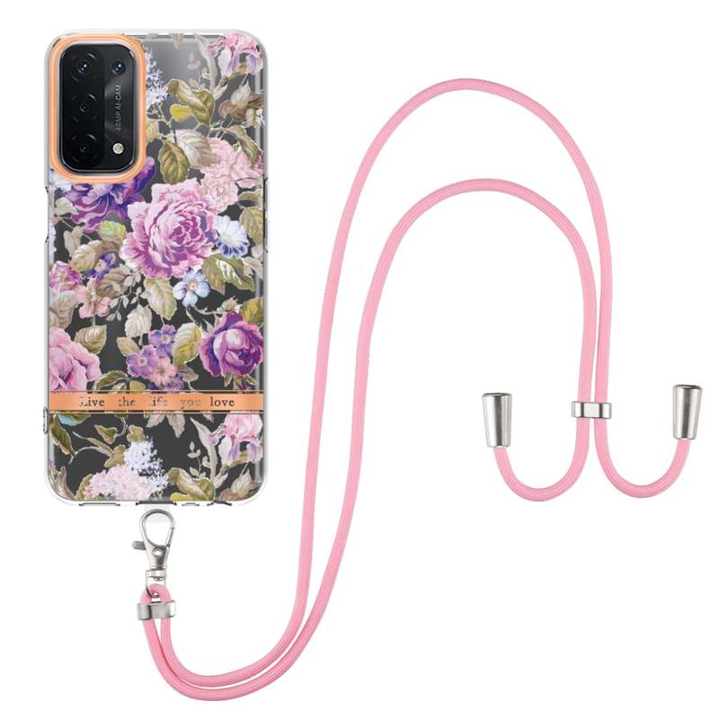 For OPPO A74 5G / A93 5G / A54 5G / A93S 5G Flowers Series TPU Phone Case with Lanyard(Pink Gardenia