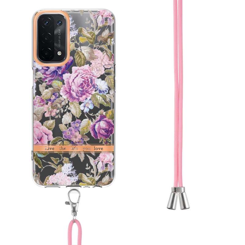 For OPPO A74 5G / A93 5G / A54 5G / A93S 5G Flowers Series TPU Phone Case with Lanyard(Pink Gardenia