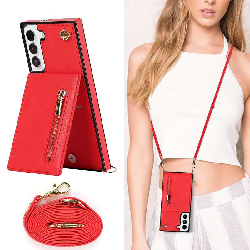 For Samsung Galaxy S22 5G Cross-body Square Zipper Card Holder Bag Phone Case(Rose Gold)