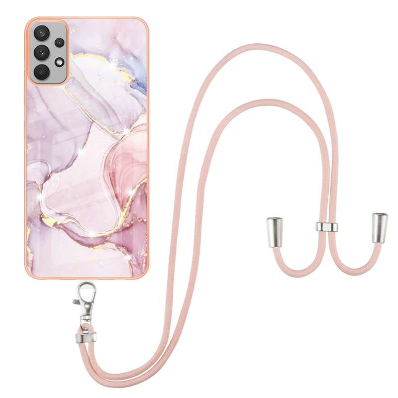 For Samsung Galaxy A73 5G Electroplating Marble IMD TPU Phone Case with Lanyard(Rose Gold 005)