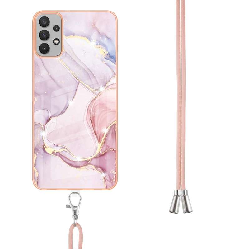 For Samsung Galaxy A73 5G Electroplating Marble IMD TPU Phone Case with Lanyard(Rose Gold 005)