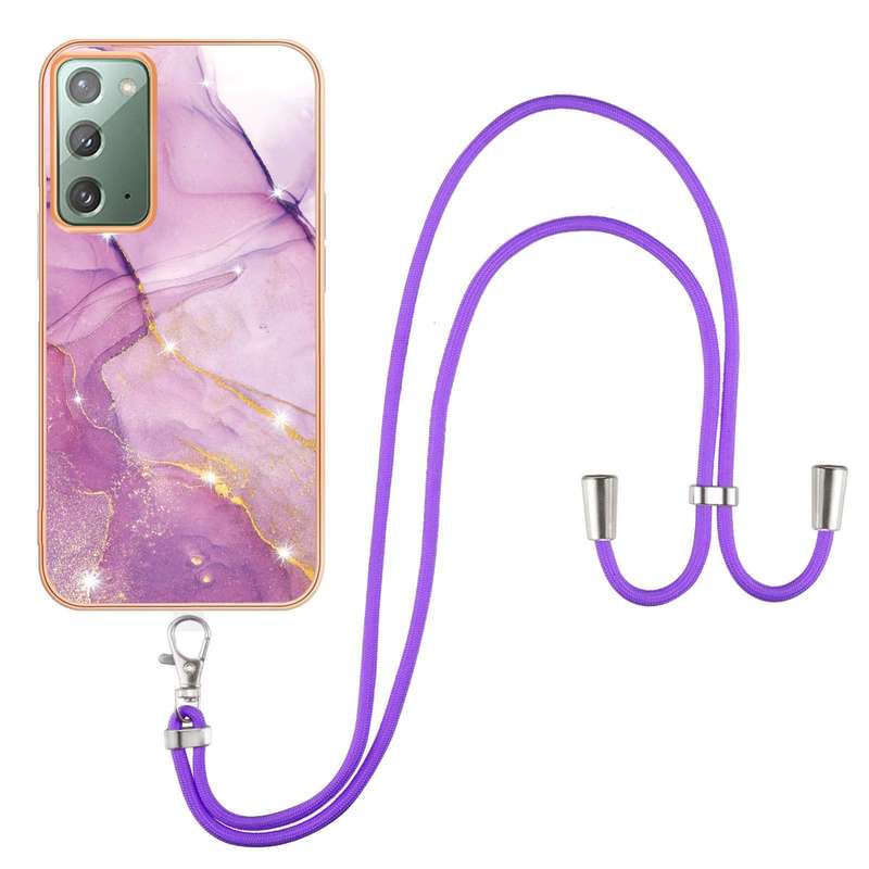 For Samsung Galaxy S22 5G Electroplating Marble IMD TPU Phone Case with Lanyard(Rose Gold 005)