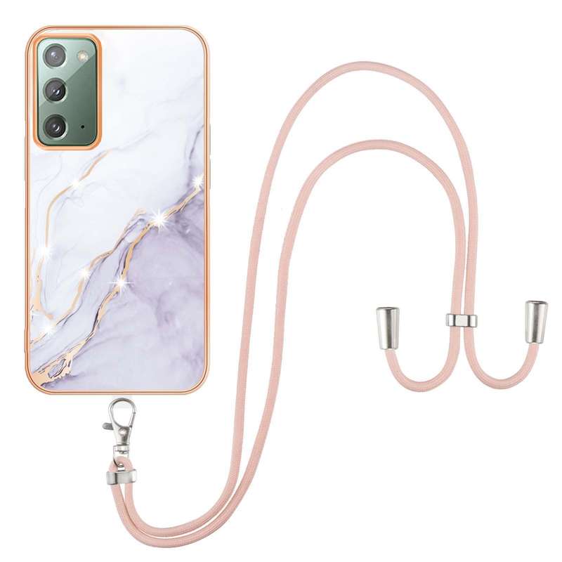 For Samsung Galaxy Note20 Electroplating Marble IMD TPU Phone Case with Lanyard(Rose Gold 005)