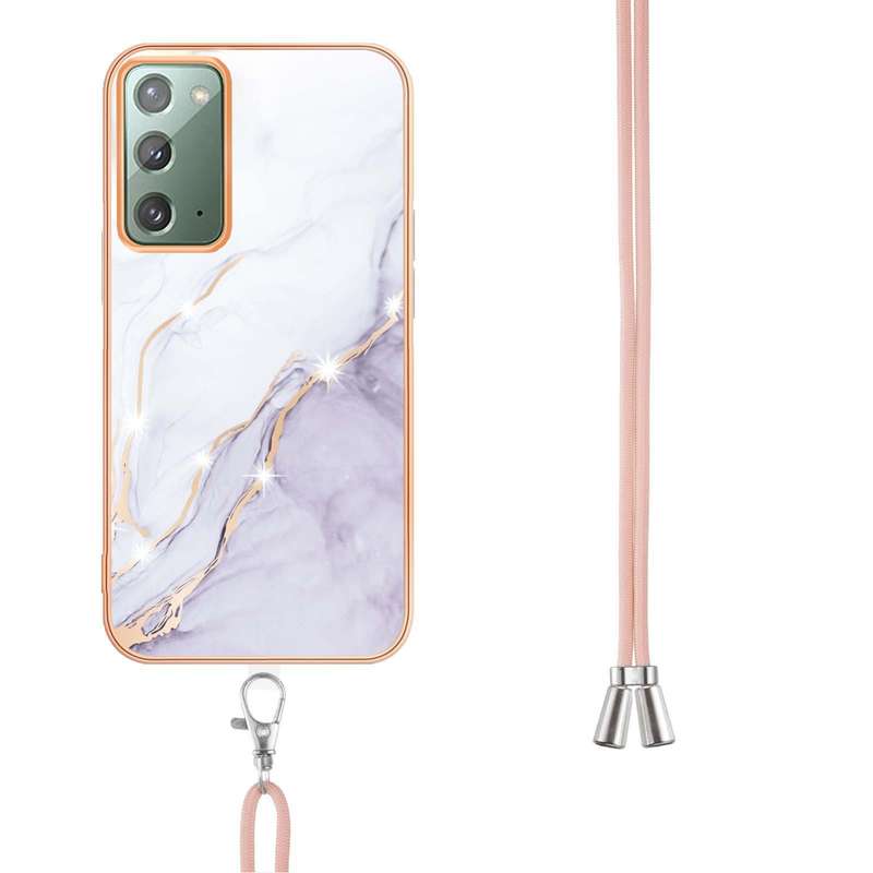 For Samsung Galaxy Note20 Electroplating Marble IMD TPU Phone Case with Lanyard(Rose Gold 005)