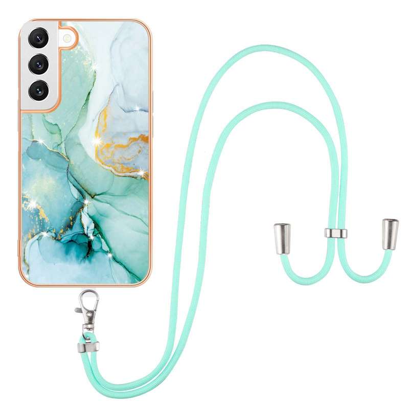 For Samsung Galaxy S22 5G Electroplating Marble IMD TPU Phone Case with Lanyard(Rose Gold 005)