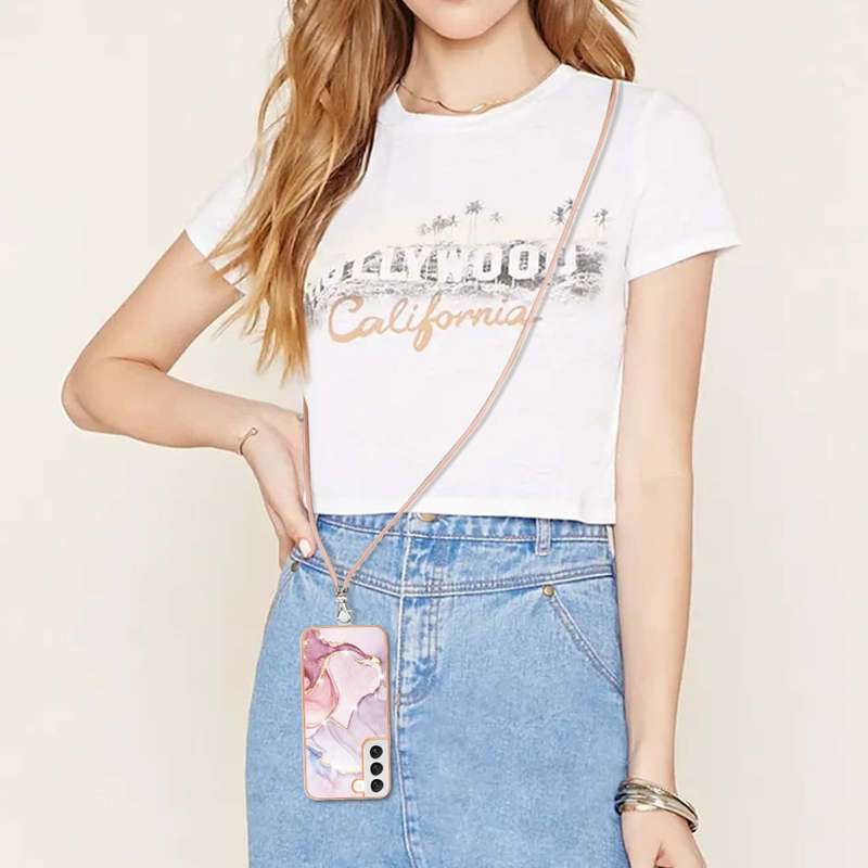 For Samsung Galaxy Note20 Electroplating Marble IMD TPU Phone Case with Lanyard(Rose Gold 005)