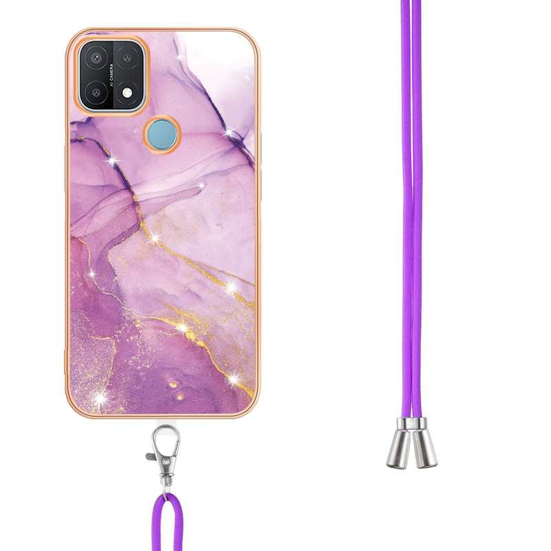 For OPPO A15 / A15s Electroplating Marble IMD TPU Phone Case with Lanyard(Purple 001)