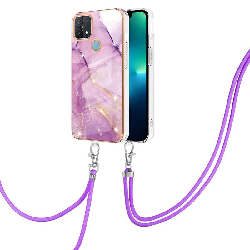 For OPPO A15 / A15s Electroplating Marble IMD TPU Phone Case with Lanyard(Purple 001)